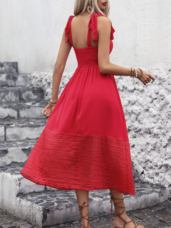 Summer Dresses- Romantic Red Midi Dress for Every Festive Gathering- - Chuzko Women Clothing