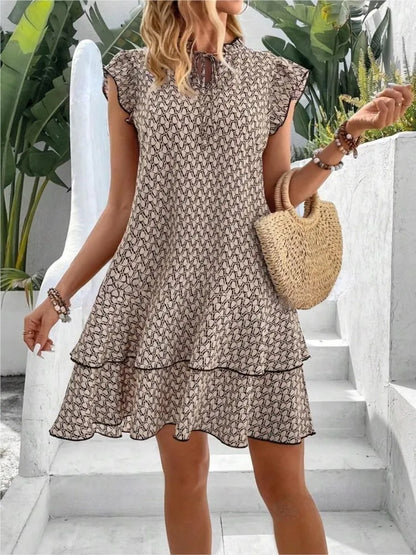 Summer Dresses- Summer Layered Loose Fit Dress in Geo Print- - Chuzko Women Clothing