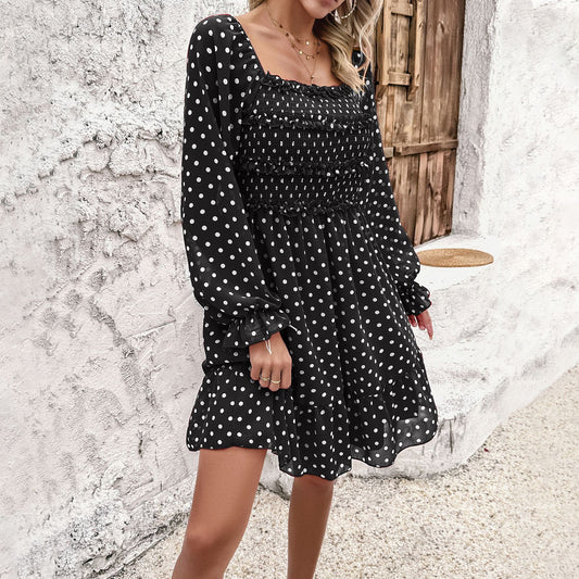 Summer Dresses- Summer Polka Dot A-Line Dress with Smocked Bodice & Lantern Sleeves- Black- Chuzko Women Clothing