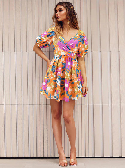 Summer Romance Mini robe trapèze florale avec manches bouffantes pour femme 