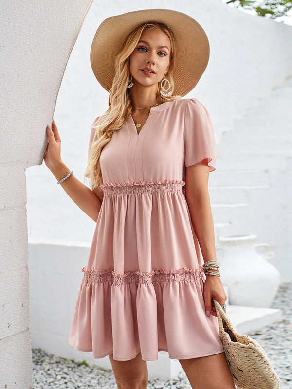 Summer Dresses- Summer Solid V-Neck Dress with Short Sleeves & Tiered Ruffle Detail- - Chuzko Women Clothing