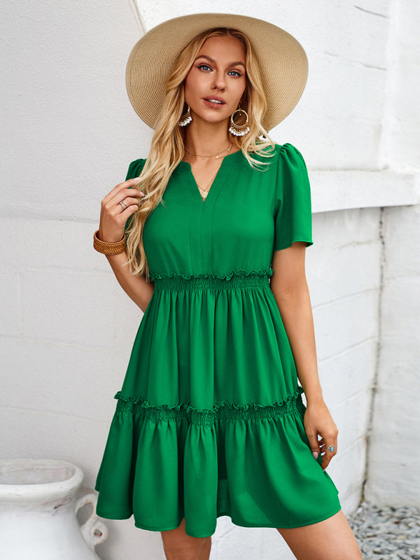 Summer Dresses- Summer Solid V-Neck Dress with Short Sleeves & Tiered Ruffle Detail- Green- Chuzko Women Clothing