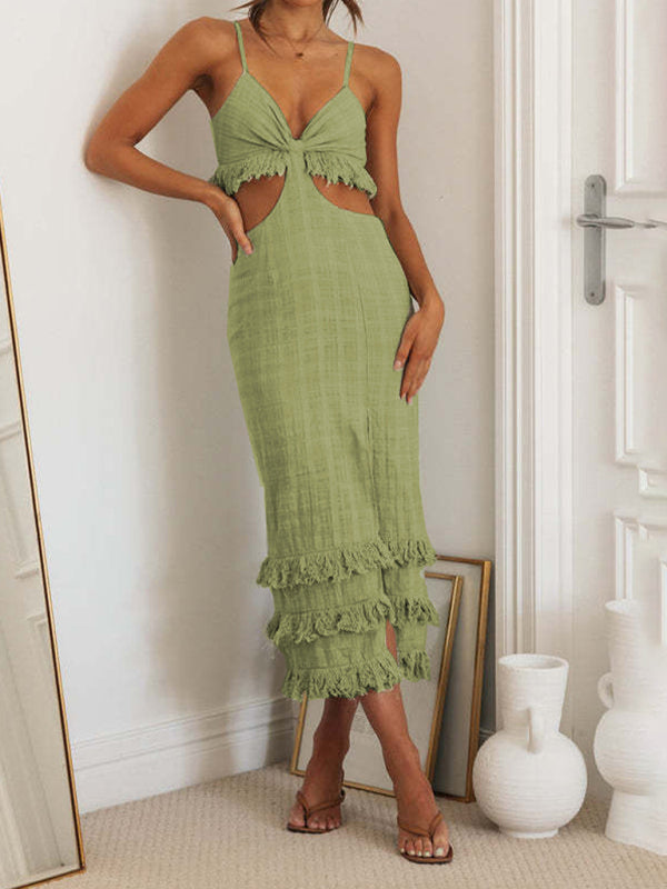 Summer Dresses- Summer Textured Cutout Sheath Cami Midi Dress with Fringe Accents- - Chuzko Women Clothing