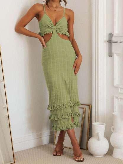 Summer Dresses- Summer Textured Cutout Sheath Cami Midi Dress with Fringe Accents- Green- Chuzko Women Clothing
