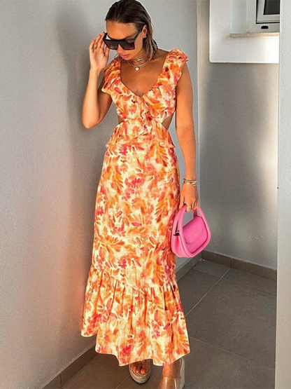 Summer Dresses- Summer Weddings Floral Print Backless Midi Dress- - Chuzko Women Clothing