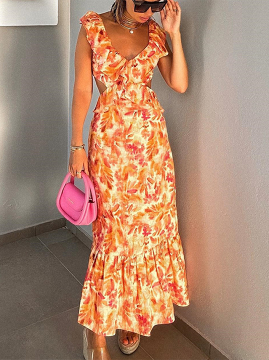 Summer Dresses- Summer Weddings Floral Print Backless Midi Dress- Orange- Chuzko Women Clothing