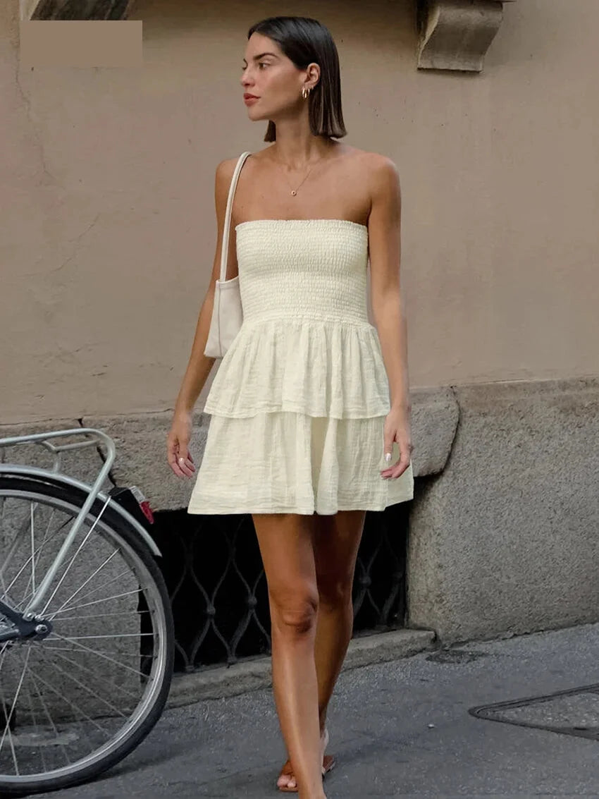 Summer Dresses- Textured Cotton Layered Tube Mini Dress- Beige- Chuzko Women Clothing