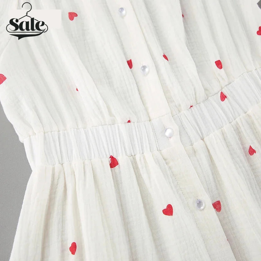 Summer Dresses- White and Red Heart Cotton Off-Shoulder Dress- - Chuzko Women Clothing