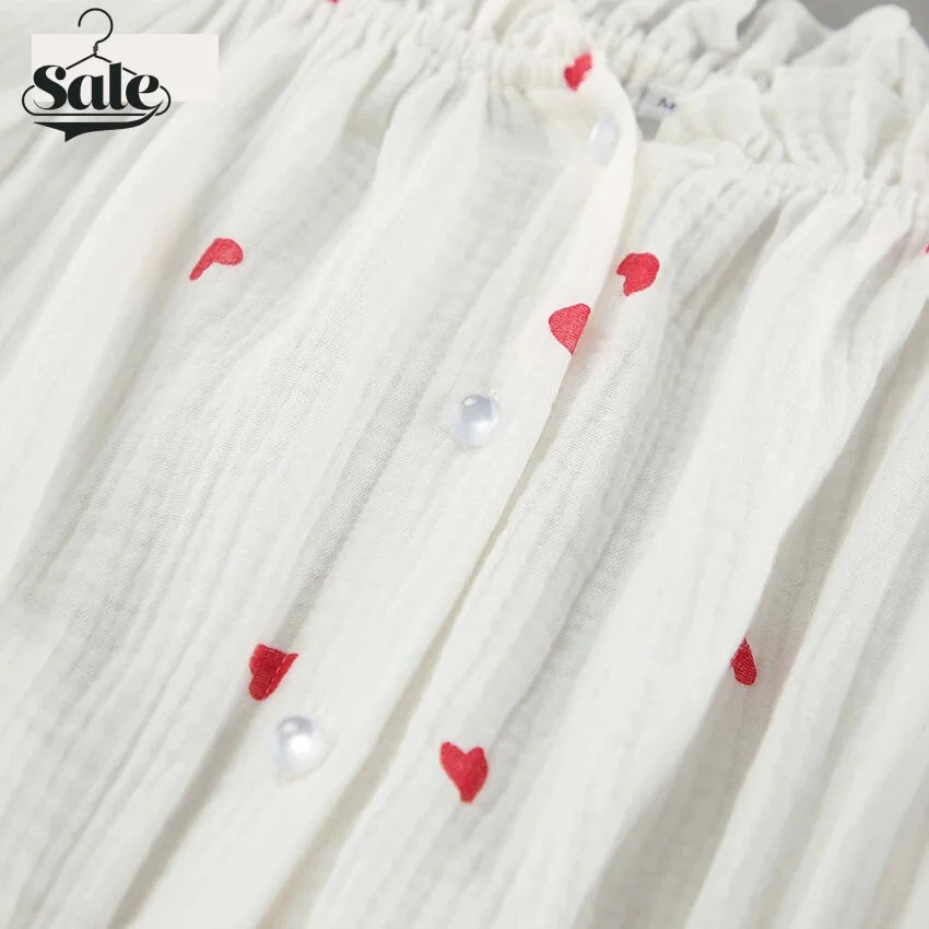 Summer Dresses- White and Red Heart Cotton Off-Shoulder Dress- - Chuzko Women Clothing