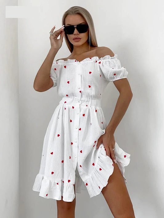 Summer Dresses- White and Red Heart Cotton Off-Shoulder Dress- White- Chuzko Women Clothing