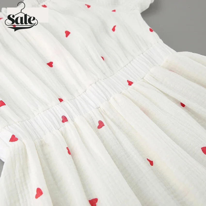 Summer Dresses- White and Red Heart Cotton Off-Shoulder Dress- - Chuzko Women Clothing