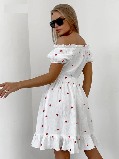Summer Dresses- White and Red Heart Cotton Off-Shoulder Dress- - Chuzko Women Clothing