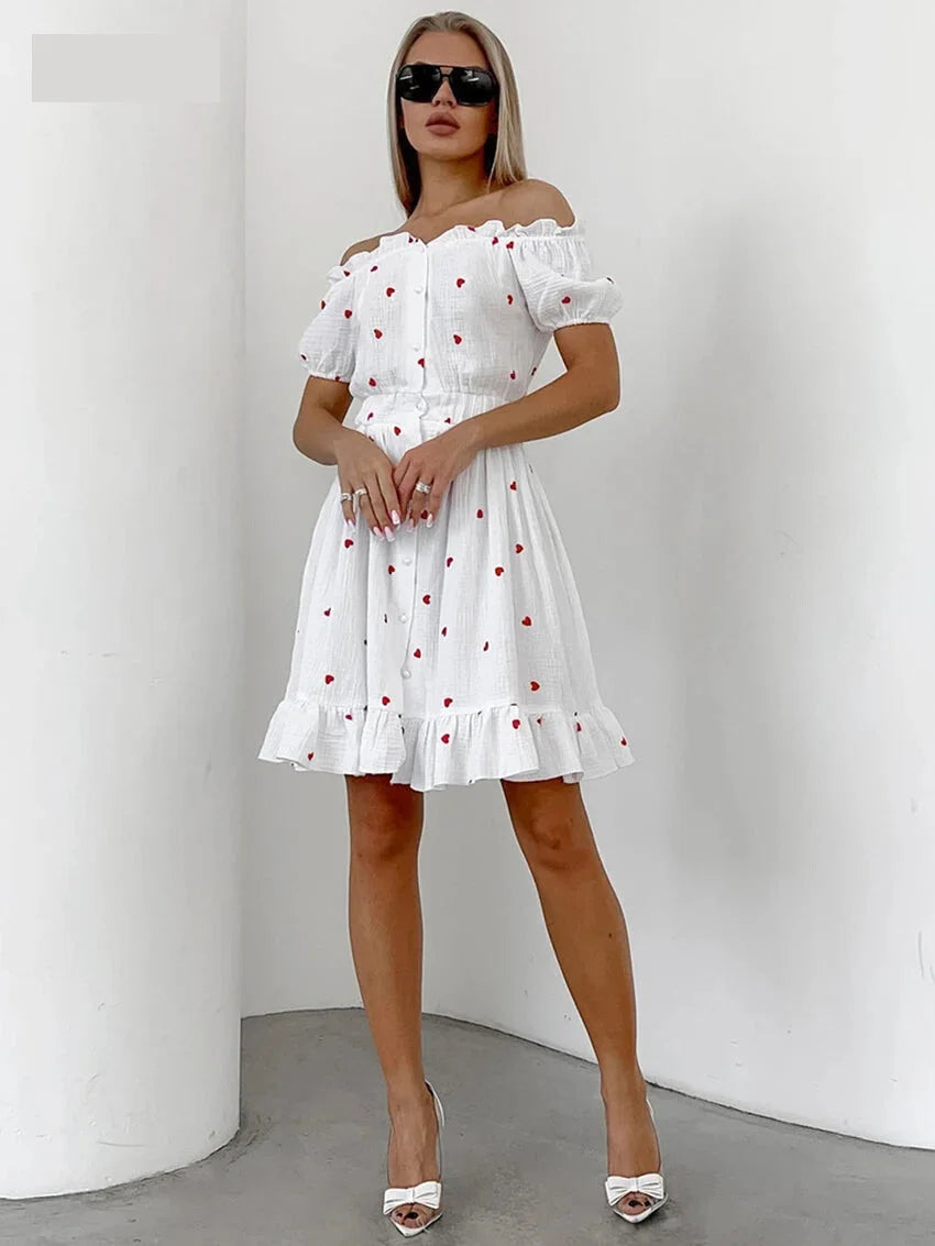 Summer Dresses- White and Red Heart Cotton Off-Shoulder Dress- - Chuzko Women Clothing