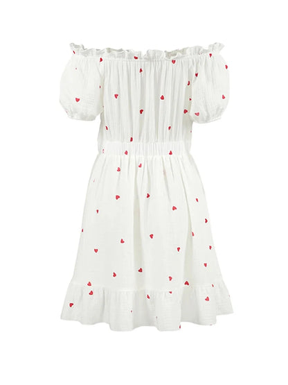 Summer Dresses- White and Red Heart Cotton Off-Shoulder Dress- - Chuzko Women Clothing