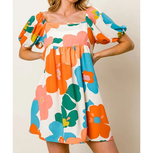 Summer Dresses- Women Empire Waist Floral Sundress - Puff Sleeve Dress- - Chuzko Women Clothing