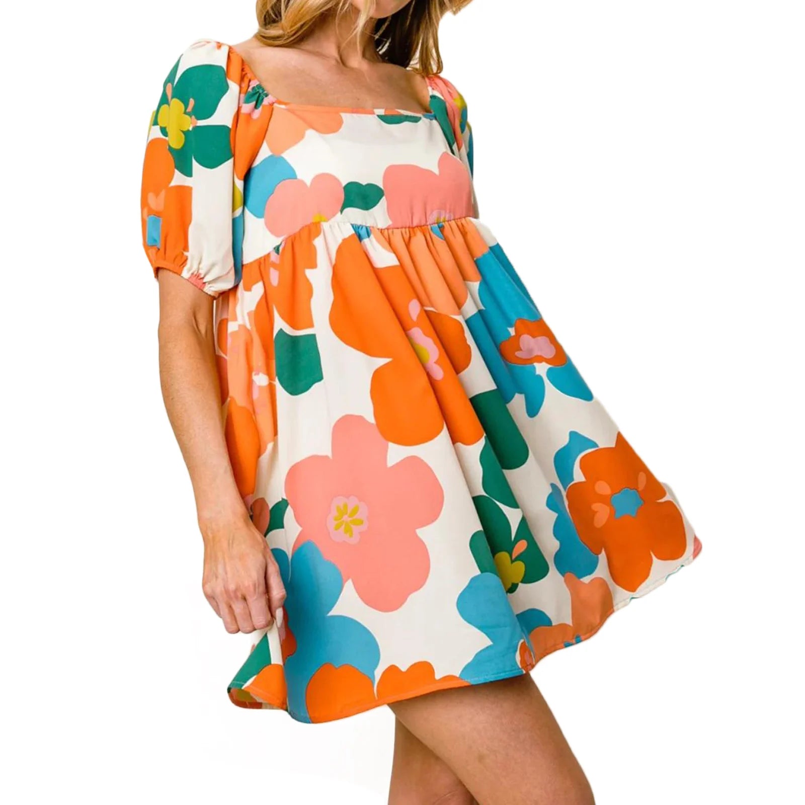 Summer Dresses- Women Empire Waist Floral Sundress - Puff Sleeve Dress- A- Chuzko Women Clothing