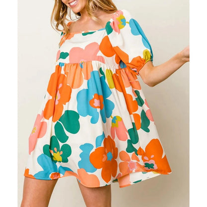 Summer Dresses- Women Empire Waist Floral Sundress - Puff Sleeve Dress- - Chuzko Women Clothing
