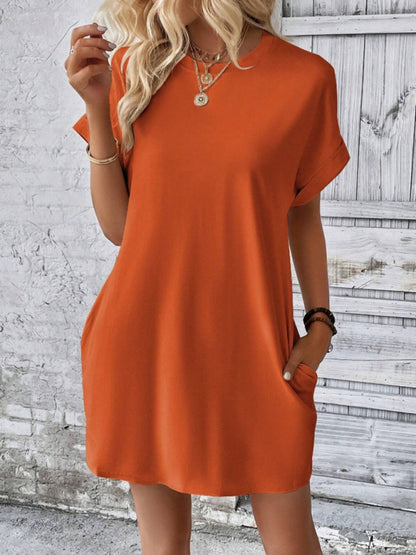 Summer Dresses- Women's Crew Neck Tee Dress in Solid Color- Orange- Chuzko Women Clothing