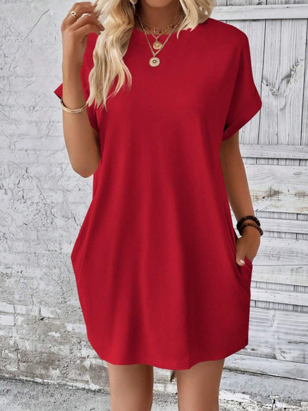 Summer Dresses- Women's Crew Neck Tee Dress in Solid Color- Red- Chuzko Women Clothing