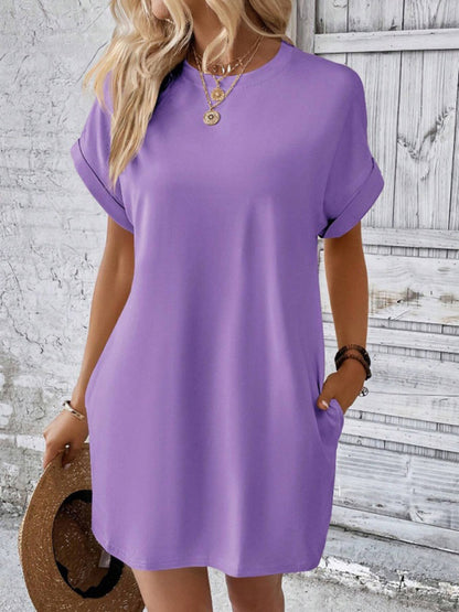 Summer Dresses- Women's Crew Neck Tee Dress in Solid Color- Purple- Chuzko Women Clothing