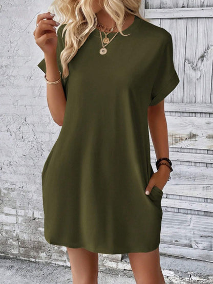 Summer Dresses- Women's Crew Neck Tee Dress in Solid Color- Olive green- Chuzko Women Clothing