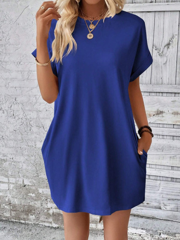 Summer Dresses- Women's Crew Neck Tee Dress in Solid Color- Blue- Chuzko Women Clothing