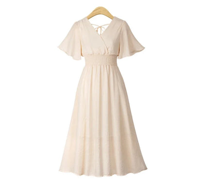 Women's Elegant A-Line Midi Dress with Smocked Waist