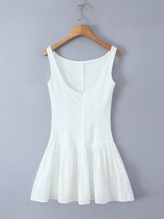 Summer Dresses- Women's Embroidered Drop-Waist Summer Cocktail Dress- White- Chuzko Women Clothing
