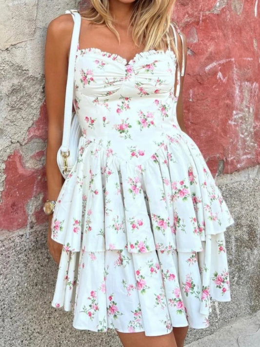 Women's Floral Sweetheart A-Line Layered Sundress with Tie-Shoulder