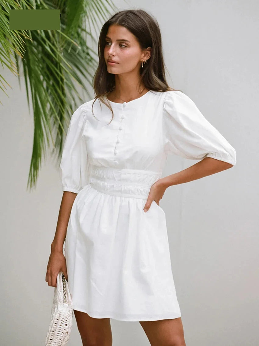 Women's Solid Cotton Summer Dress with Gathered Waist