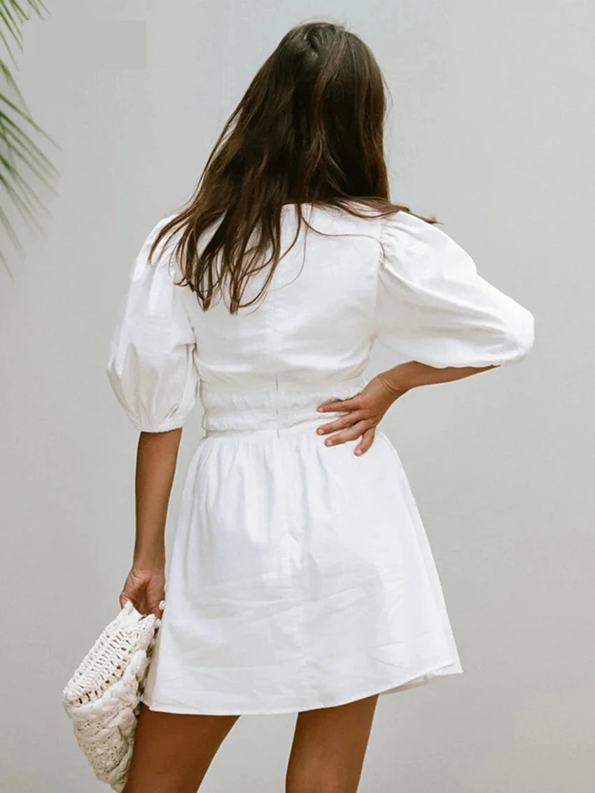 Robe d'été en coton uni pour femmes, taille froncée
