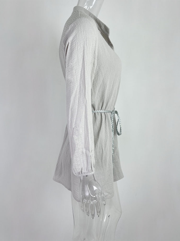 Summer Dresses- Women's Textured Button-Up Lantern Sleeve Dress for Beach Vacations- - Chuzko Women Clothing