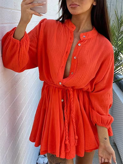 Summer Dresses- Women's Textured Button-Up Lantern Sleeve Dress for Beach Vacations- Orange- Chuzko Women Clothing