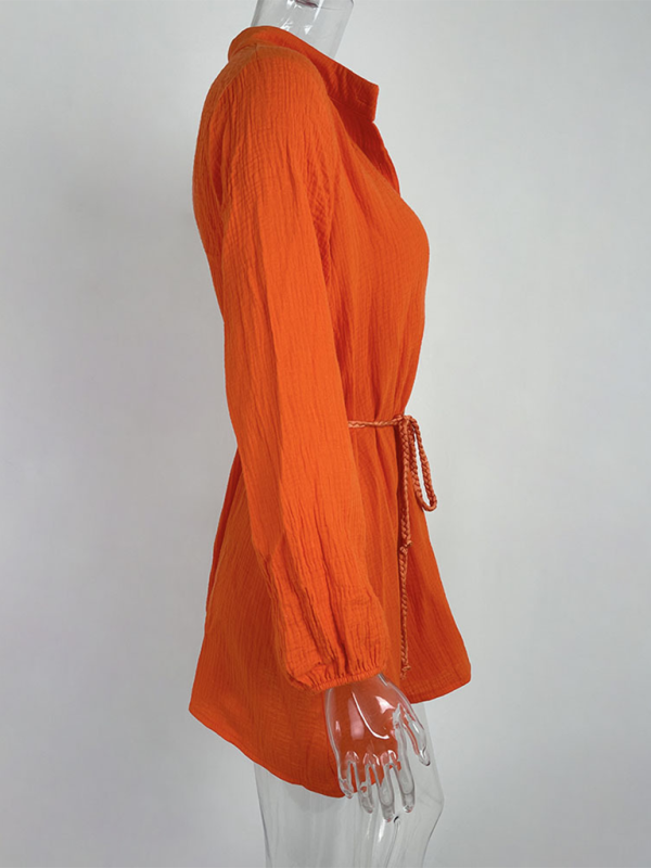 Summer Dresses- Women's Textured Button-Up Lantern Sleeve Dress for Beach Vacations- - Chuzko Women Clothing
