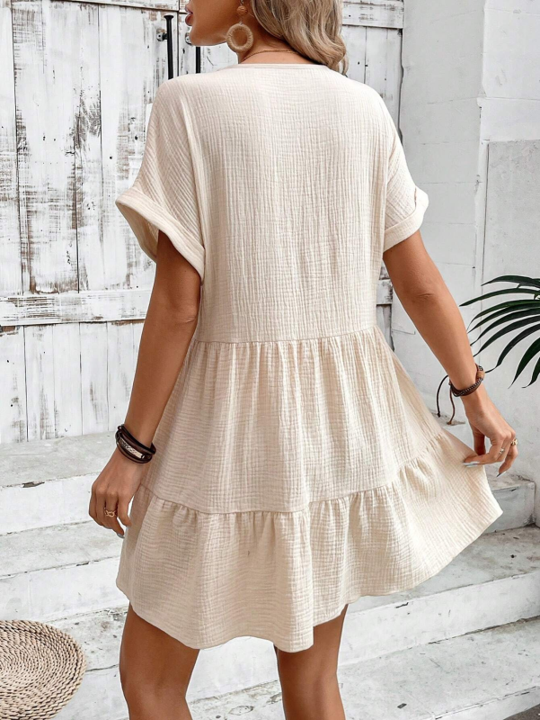 Summer Dresses- Women's Textured Loose Sundress with Short Sleeves- - Chuzko Women Clothing