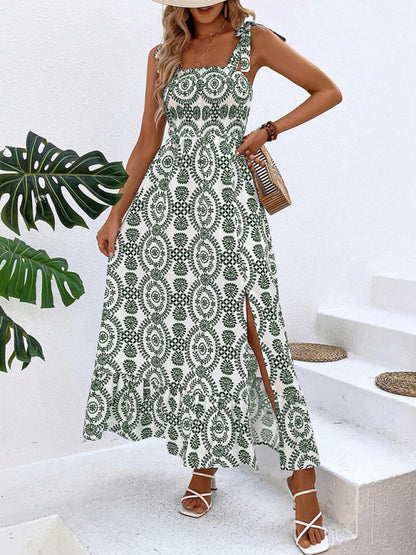 Summer Dresses- Women's Tie-Shoulder Geo Print Midi Dress with Slits- Green- Chuzko Women Clothing