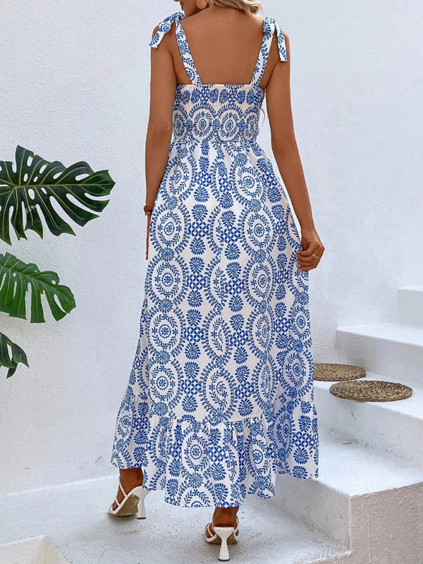 Summer Dresses- Women's Tie-Shoulder Geo Print Midi Dress with Slits- - Chuzko Women Clothing
