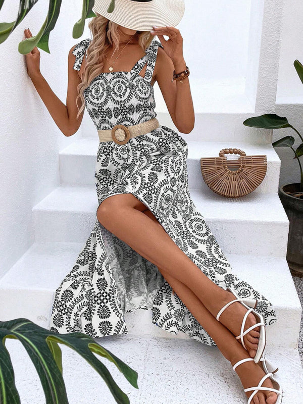 Summer Dresses- Women's Tie-Shoulder Geo Print Midi Dress with Slits- - Chuzko Women Clothing