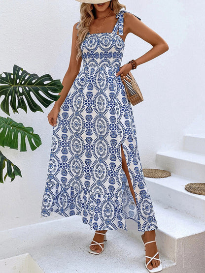 Summer Dresses- Women's Tie-Shoulder Geo Print Midi Dress with Slits- Blue- Chuzko Women Clothing