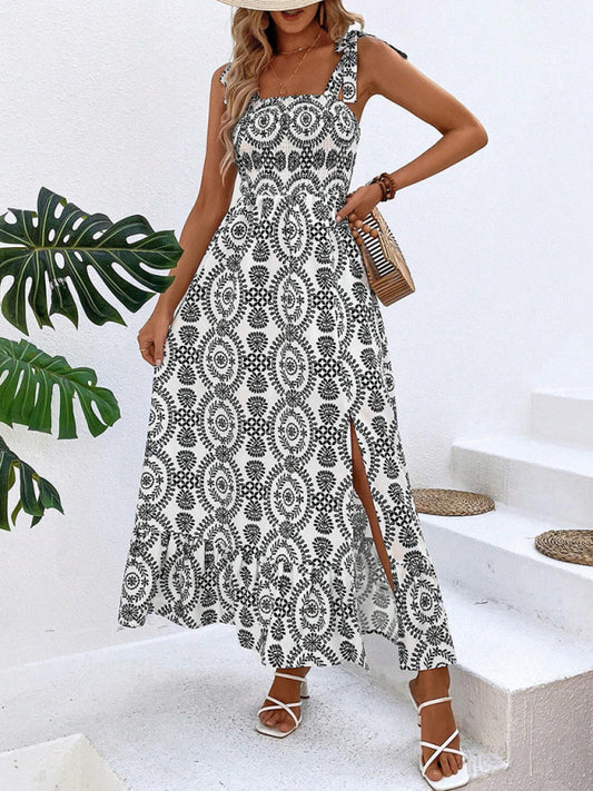 Summer Dresses- Women's Tie-Shoulder Geo Print Midi Dress with Slits- Black- Chuzko Women Clothing
