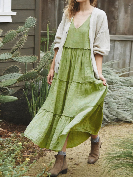Summer Dresses- Women's Tiered Cami Maxi Dress in Oversized Cotton with Tie-Shoulder Straps- Green- Chuzko Women Clothing