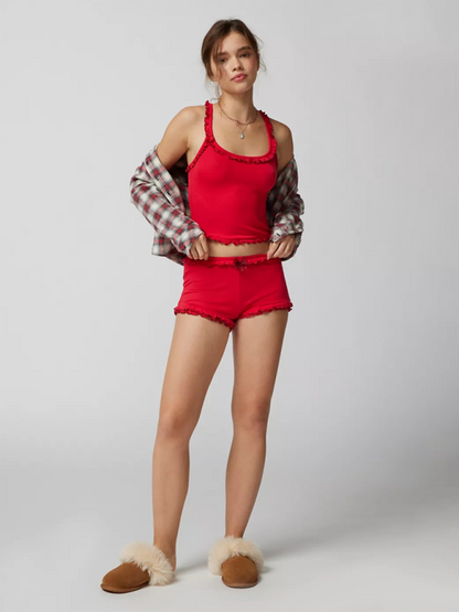 Sommer-Loungewear für Damen, einfarbiges Cami-Top und Shorts mit Rüschenkontrast