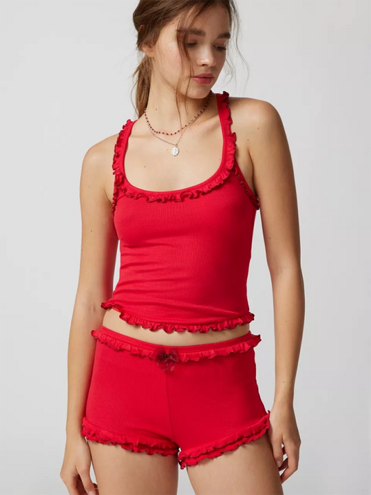 Sommer-Loungewear für Damen, einfarbiges Cami-Top und Shorts mit Rüschenkontrast