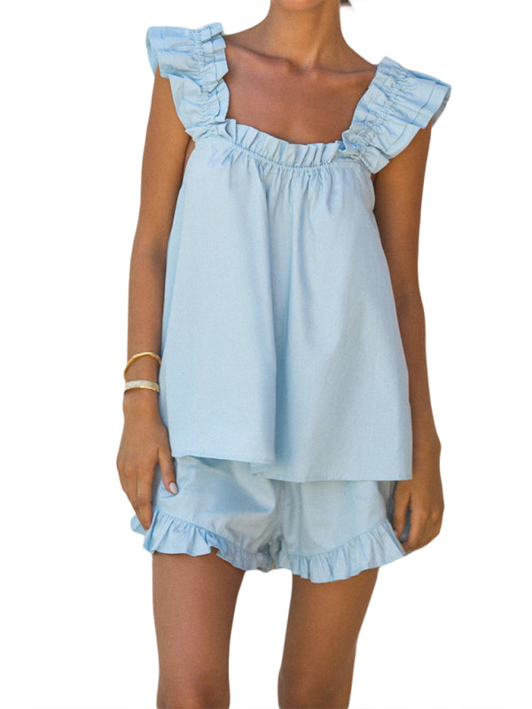 Summer Loungewear- Women's Sleeveless Blouse & Shorts Ruffle Outfit for Summer- Sky blue azure- Chuzko Women Clothing