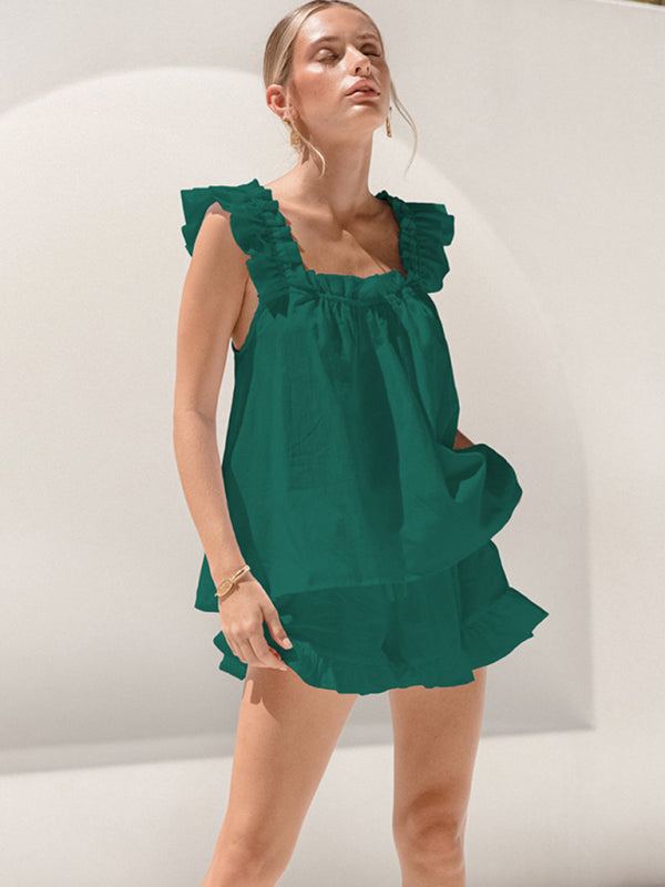 Summer Loungewear- Women's Sleeveless Blouse & Shorts Ruffle Outfit for Summer- Green- Chuzko Women Clothing