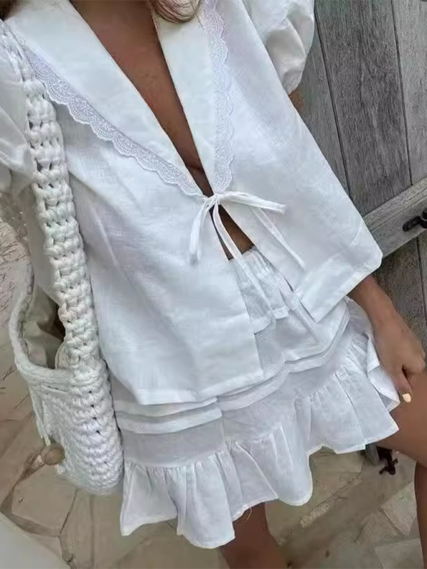 Summer Outfits- Beach Resort Solid Mini Skirt & Lace-Up Blouse Duo for Vacation Style- - Chuzko Women Clothing