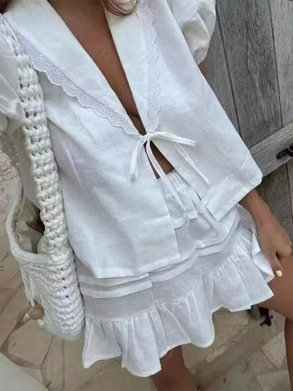 Summer Outfits- Beach Resort Solid Mini Skirt & Lace-Up Blouse Duo for Vacation Style- - Chuzko Women Clothing
