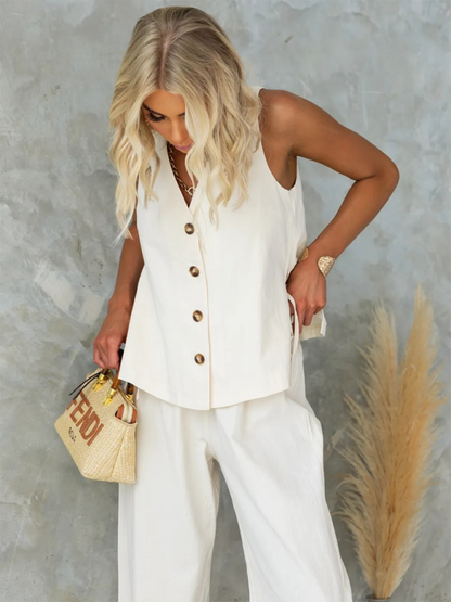 Summer Outfits- Button-Up Tie-Sides Vest Top & Loose Pants Suit for Women- - Chuzko Women Clothing