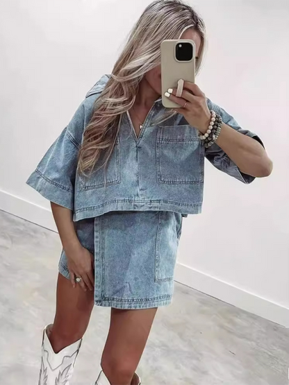 Summer Outfits- Denim Top with Wrap Shorts Skirt for Women- - Chuzko Women Clothing