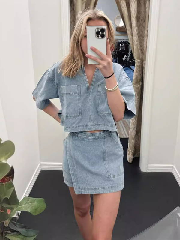Summer Outfits- Denim Top with Wrap Shorts Skirt for Women- - Chuzko Women Clothing